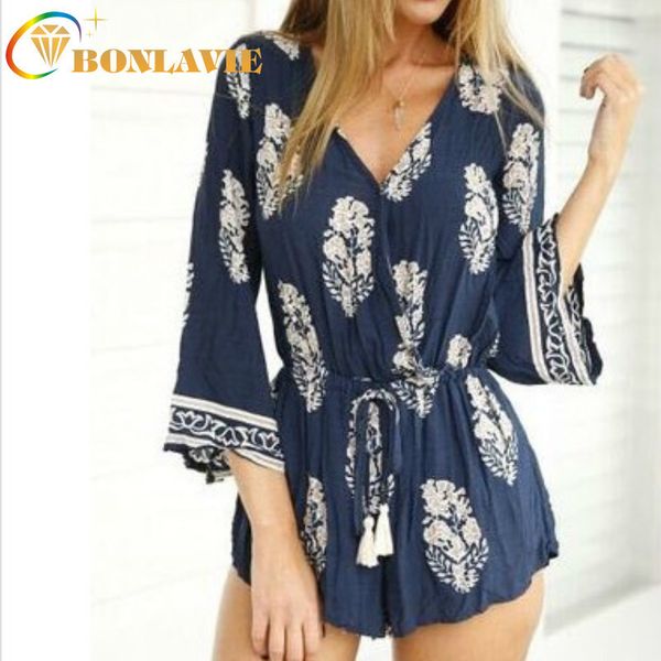 

summer cloth women jumpsuits v-neck comfortable holiday flared sleeve bohemian style printed straight blue and white jumpsuit t200704, Black;white