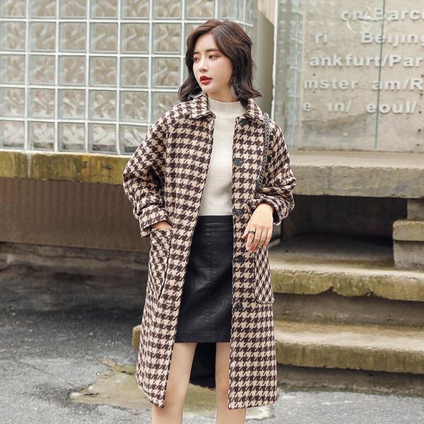 

women's wool & blends slim fabric overcoat with small fragrance temperament and single-row button chicken bird plaid for women1, Black
