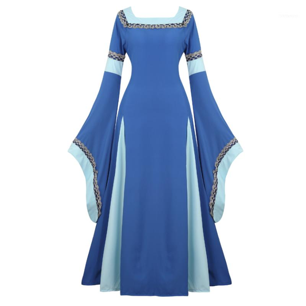 

women medieval renaissance trumpet sleeve retro loor length gown lace trim irish over long dress halloween costume plus size1, Silver