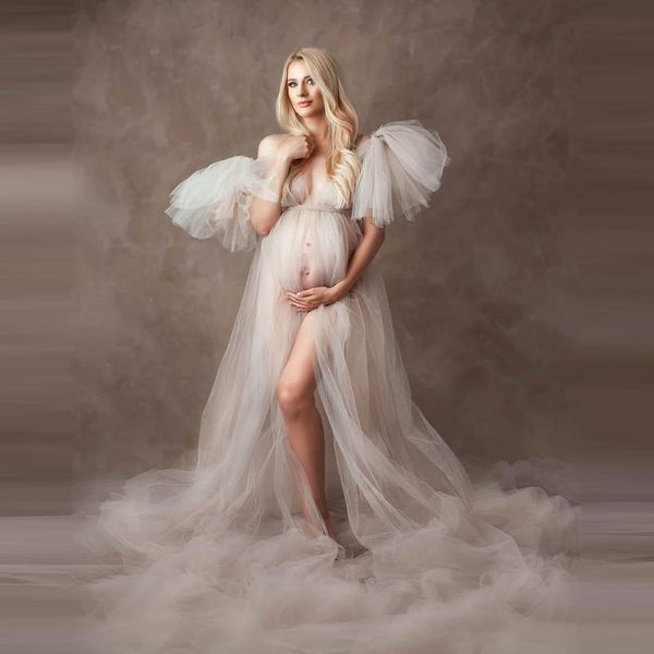 Elegante Soft Tulle Maternidade Vestidos Nupcial Superfície Pescoço V Neck Sleepwear Bathrobe Nightgowns Ruffles Robe para Mulheres Photoshoot