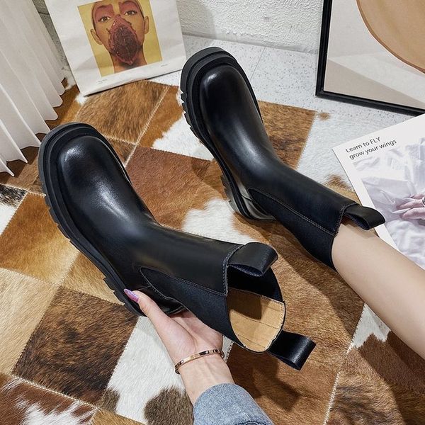 

2021 new winter leather women's round the plat heel mid calf boots woman's short fashion slip-on boot 60lm, Black