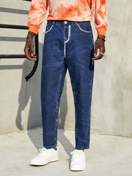 

men slant pocket tapered jeans 17cv#, Blue