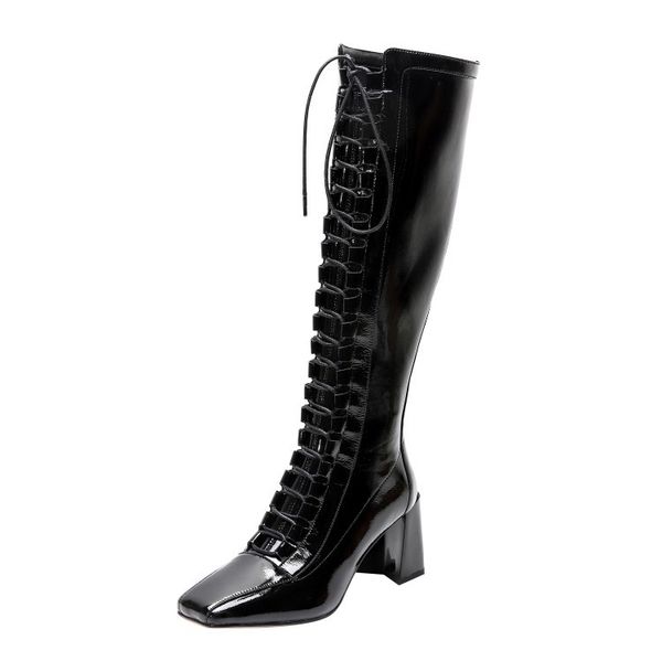 

2020 new rear loop elastic but knee leather boots toe umf1, Black