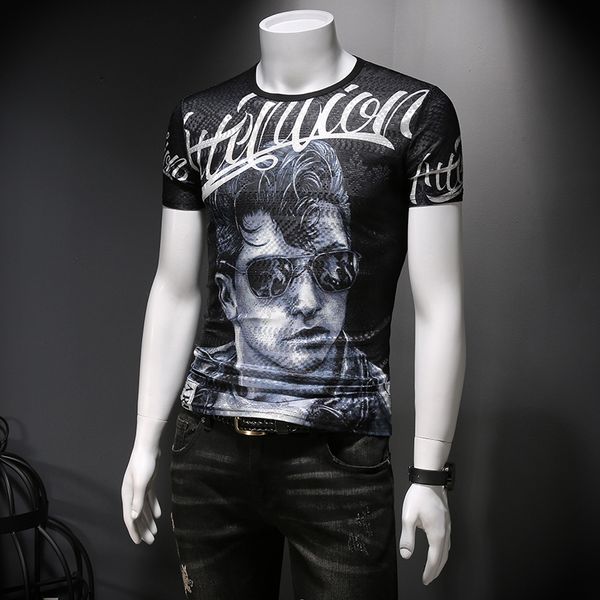 

summer chinese style domineering round neck print short-sleeved t-shirt men's black wild slim t-shirt tide brand men's clothing, White;black