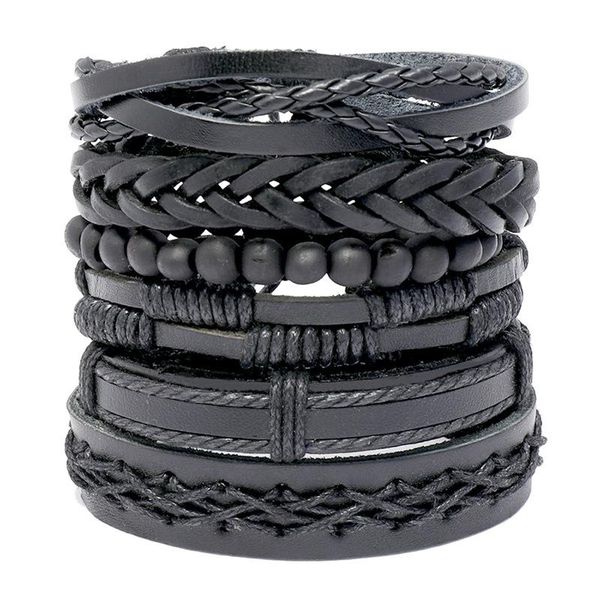 

6 pcs/lot handmade ethnic tribal genuine wrap charming wood beads male pulsera black braided leather bracelets bangles