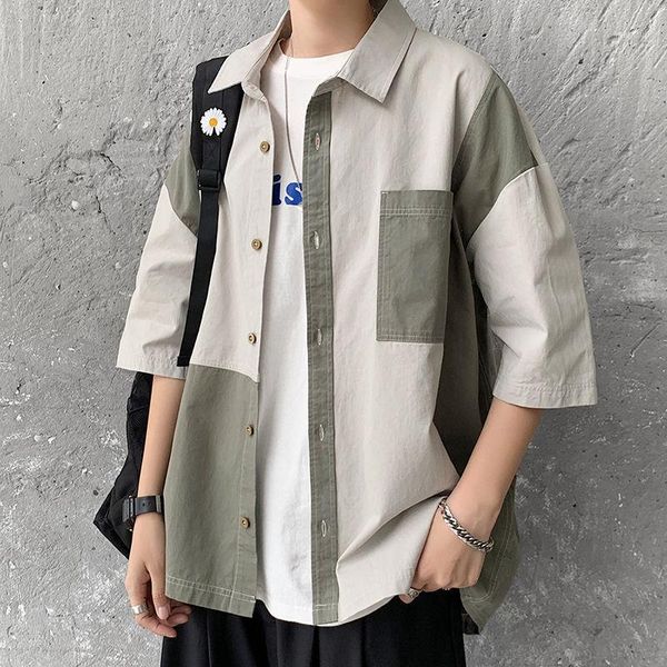 

summer cotton shirt men's fashion contrast color tooling casual shirt men streetwear wild loose short sleeve mens -2xl1, White;black