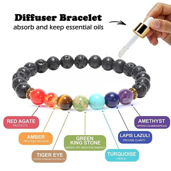 

chakra healing beaded with natural lava 7 stones mala meditation bracelet men's and women's charm bracelets jewelry, Black