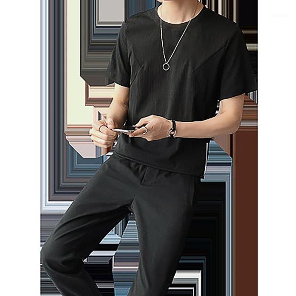 

gym clothing solid color men's summer fashion tracksuits large size leisure and loose sports short sleeve long pants men set #31, White;black