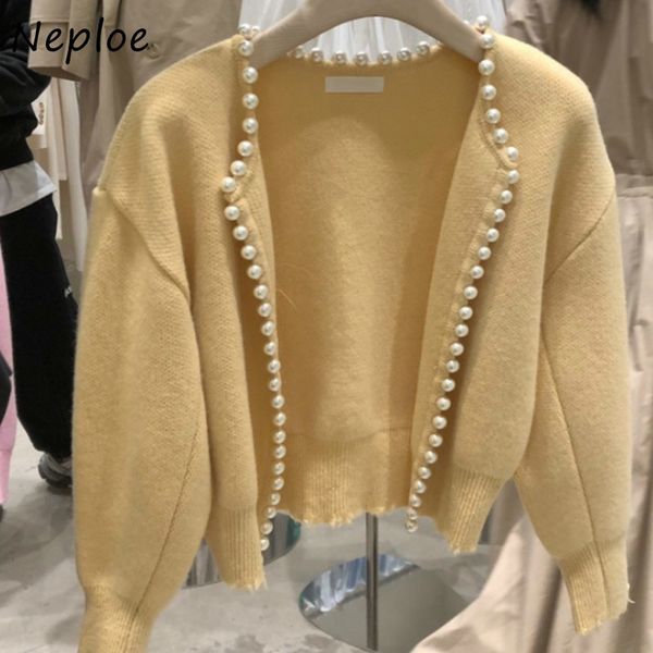 

neploe exquisite pearl knit sweater women 2020 autumn winter new femme cardigan o-neck solid color simple all-match coat lj201114, White;black