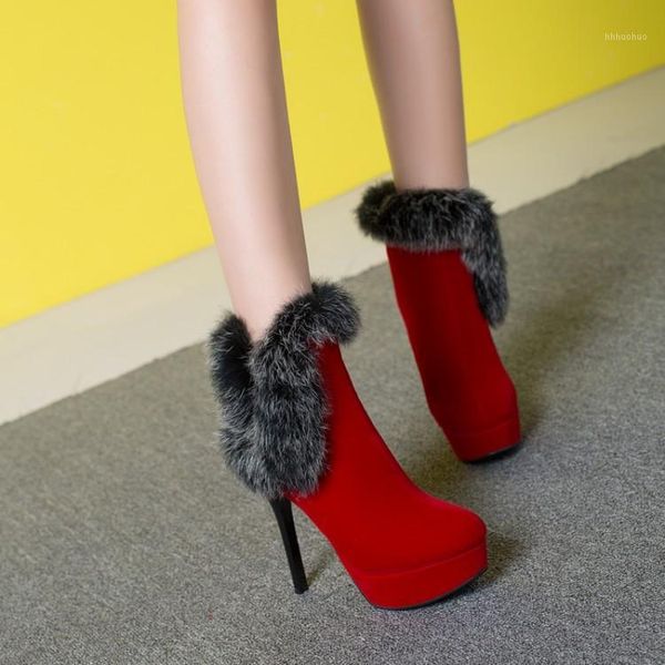 

boots pxelena chic european super stiletto high heels ladies ankle faux fur slip on party dress date wedding short women1, Black