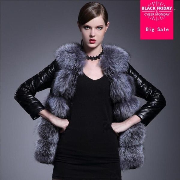 

s-6xl winter new casual women patchwork faux fur collar pu leather slim jacket plus size fashion female fur overcoats l14351, Black