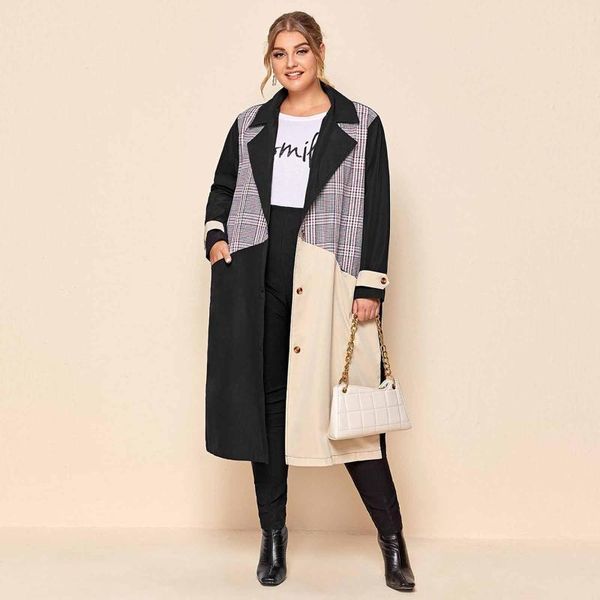 

women's trench coats plus size check stitching contrast fashion sense mid-length coat women 2021 winter clothes l4, Tan;black