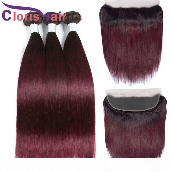 

dark roots wine red bundles with frontal straight human hair malaysian virgin ombre weaves closure 1b 99j burgundy 13x4 lace frontal bundles, Black;brown