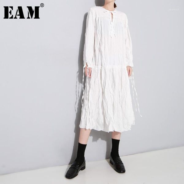 

eam] 2020 new spring autumn round neck long sleeve bandage split joint hem pleated stitch loose dress women fashion tide jl6181, Black;gray