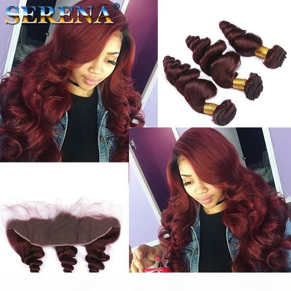 

burgundy wine red loose wave with closure wine red brazlian hair with closure red bundles with 13x4 frontal closure 99j ear to ear frontal, Black;brown
