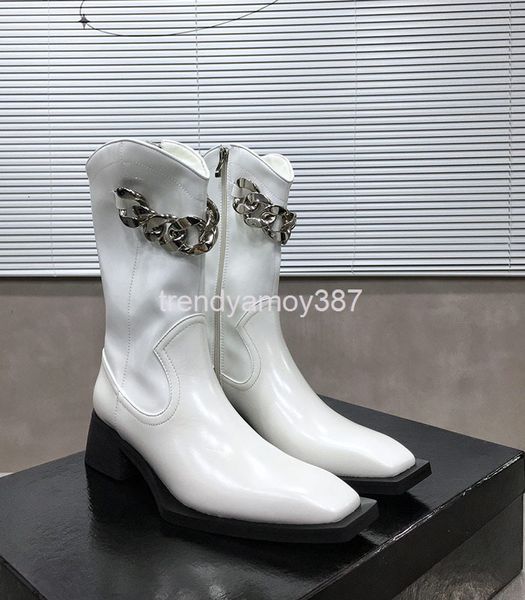 

boots english small leather boots square head martin women's middle tube thick heel single chelsea chain western cowboy, Black