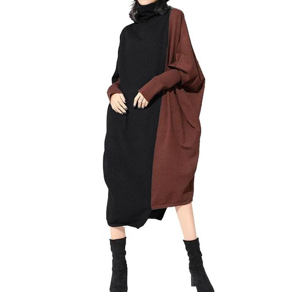 

spring summer long dresses woman fashion collage knitted medium long dress ladies loose high neck sleeve dresses women, Black;gray