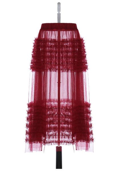 

msxu fashion chic mesh see through patchwork ruffle high waist a line women skirt, Black