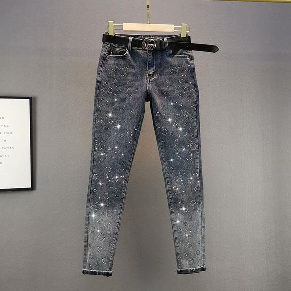 

heavy drilling street denim pants for women's jeans 2021 spring new high waist slim fit skinny trousers girls student jean, Blue