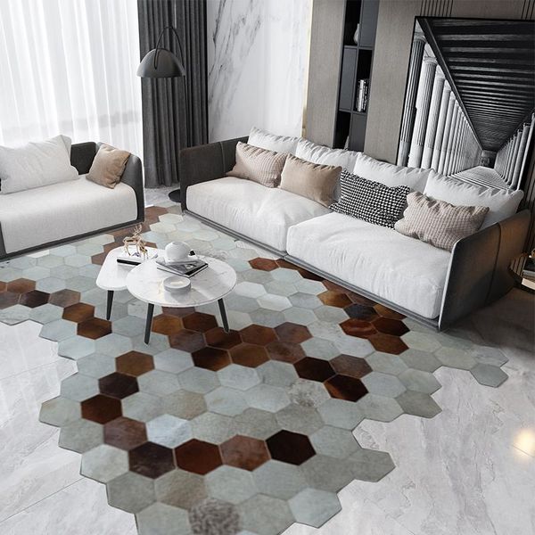 

carpets irregular shaped diamond plaid cowhide fur handmade patchwork rug big size unique real leather decoration office carpet