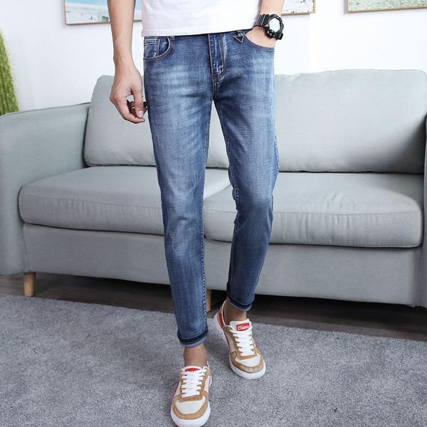 

men's jeans 2021 summer nine-minute for men, skinny young ripped elastic men, Blue
