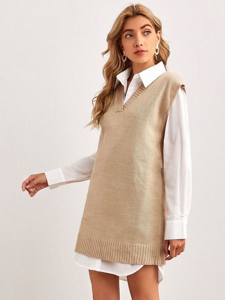 

v neck sweater vest dress without blouse without belt n7ko#, Black;gray