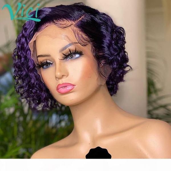 

purple lace front wig human hair short curly human hair wigs pre plucked with baby colored pixie cut short bob wigs side, Black;brown