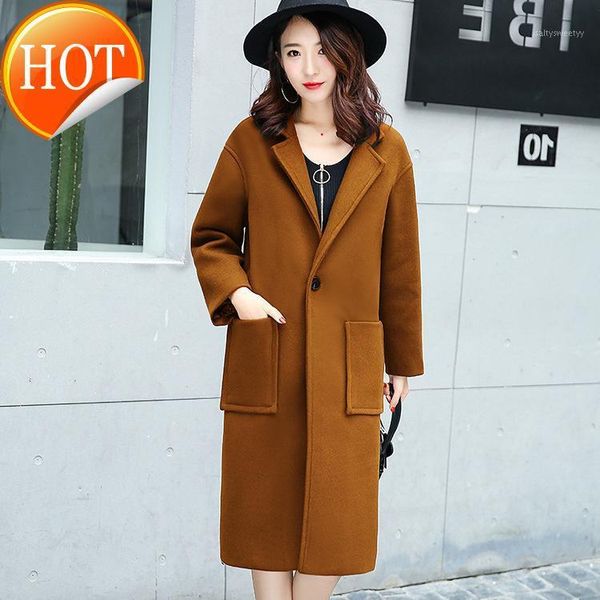 

women's wool & blends solid long coat elegant single button wide-waisted blend and jacket turn-down collar women coats autumn winter1, Black