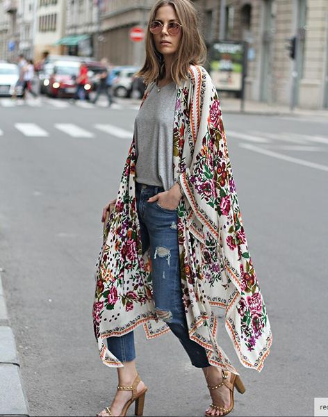 S-5XL Floral Impresso Kimono Blusas Camisa Mulheres Moda Long Cardigans Tops Verão Casual Beach Bohemian Chiffon Bikini Swimwear Covers