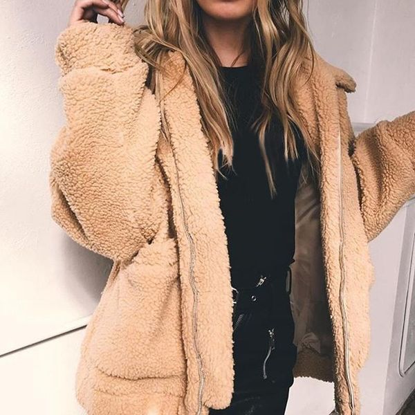 

women's fur & faux skin coat of female lamb wool warm winter soft zipper casual jacket outerwear, Black