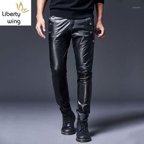 

2020 new goatskin genuine men brand windproof motorcycle biker trousers spring casual skinny leather pants 29-361, Black