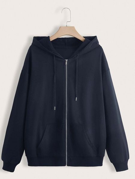 

plus kangaroo pocket drop shoulder drawstring hoodie 92jh#, Black