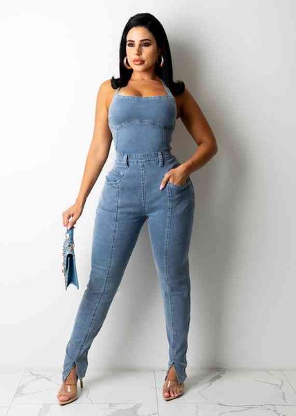 

ladies early autumn casual fashion sleeveless slim fit backless bandage solid color denim long jumpsuit, White