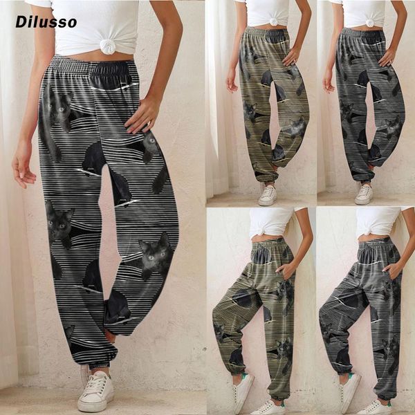 

2020 women pants print soft ladies homewear sports pockets pants female sports casual loose chic high waist running, Black;white