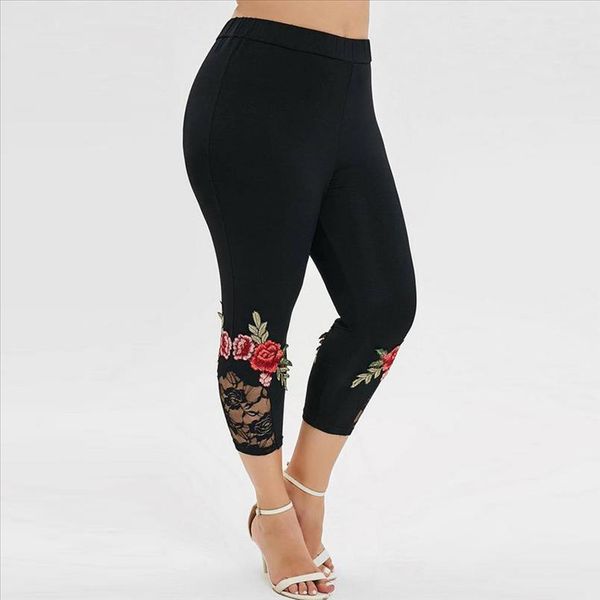 

fashion leggings women plus size flower applique lace splice solid elastic casual leggings pants leggins mujer hot, Black