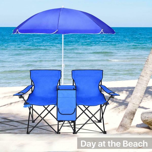 

double folding outdoor 2-seat chair with portable removable sun umbrella picnic cooler camping beach table and carry bag ing