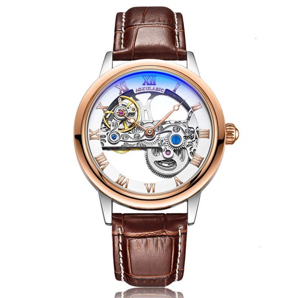 

automatic mechanical watch hollow aokulasic through men's flywheel belt watch 5003g, Slivery;brown