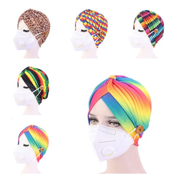 

2021 womans turban pleated hat with face mask buttons head wrap hairwraps gradient tie dye color chemo stretchy indian cap g12304, Yellow