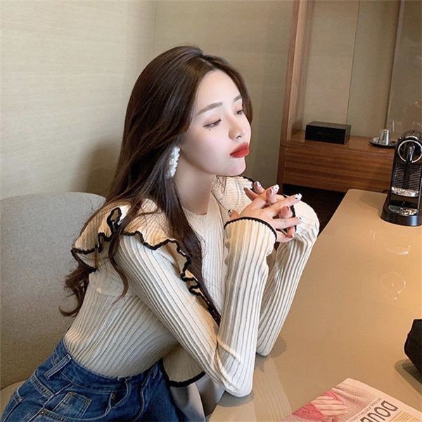 

2020 new women autumn winter korean irregular ruffles patchwork knitted pullovers slim female long sleeve jumpers sweaters s46 c1120, White;black