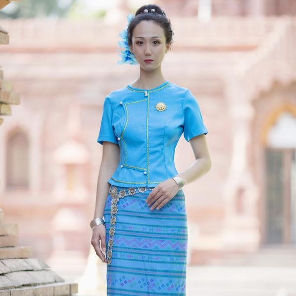 

ethnic clothing thailand traditional for women ahom shan dai custuomes vintage summer short sleeve thai dress ladies pha sin, Red