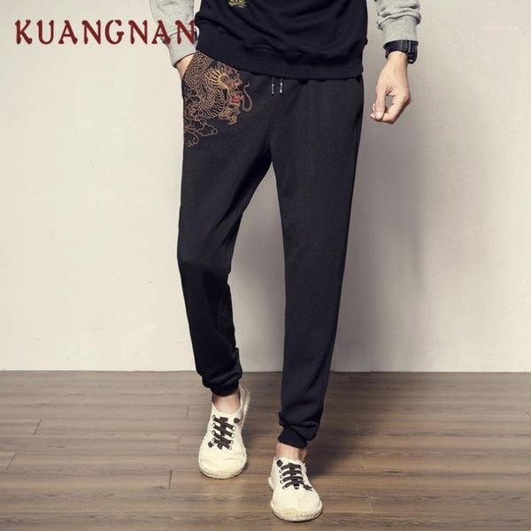 

kuangnan chinese dragon embroidery pants men jogger streetwear joggers men pants hip hop sweatpants trousers 2019 new1, Black