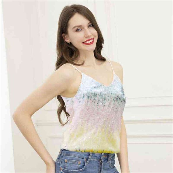 

summer multi-color t shirt women glitter sequin sleeveless tank sweet girl stappy strappy v neck ladies clubwear, White