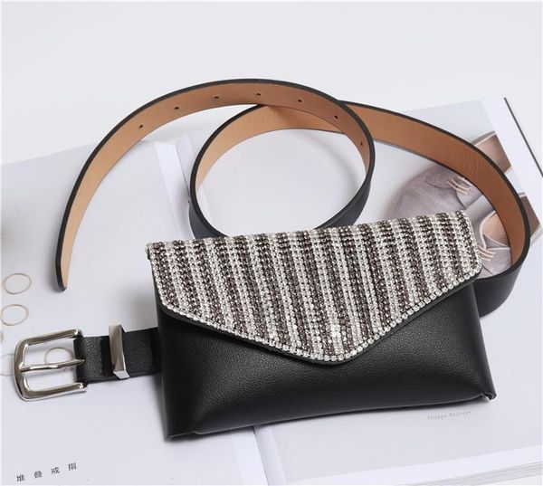 

blingbling crystal bead women waist packs black solid pu leather fanny pack elegant ladies phone envelop waist belt bags pouch