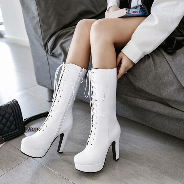 

sarairis office lady fashion platform mid calf boots lace up high heels solid boots women designer brand casaul shoes woman1, Black