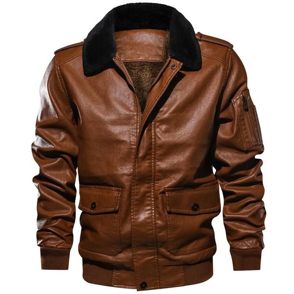

men's fur & faux winter pu leather jacket autumn fleece bomber coat motorcycle windbreaker outwear coats, Black