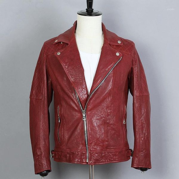 

2018 new motorcycle jacket mens genuine leather jacket red sheep leather slim fit short lapel biker coat male1, Black