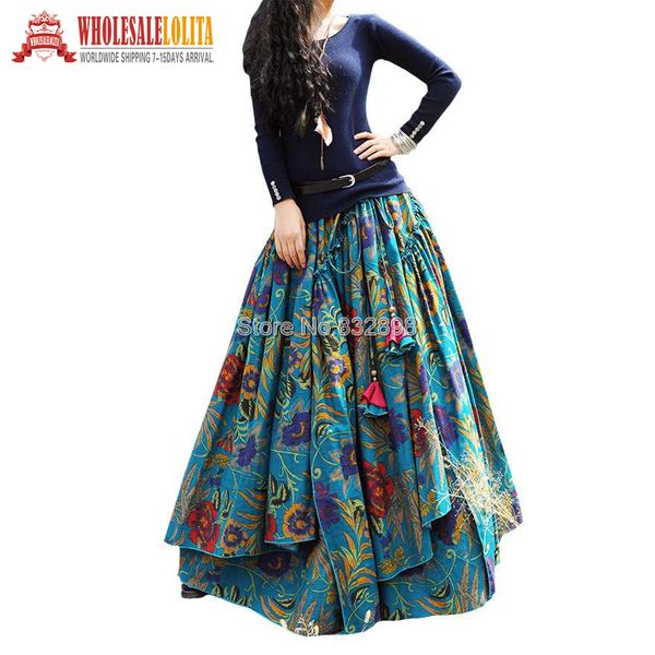 

new fashion sale long flowing thick cotton multicolor print skirts bohemia style ethnic print linen skirt q1209, Black