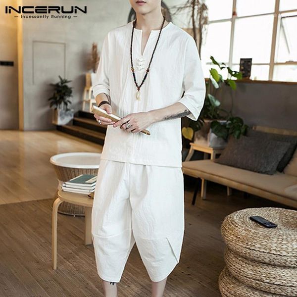 

2020 chinese style men sets half sleeve solid streetwear cotton vintage calf length pants summer casual men suits incerun1, Gray