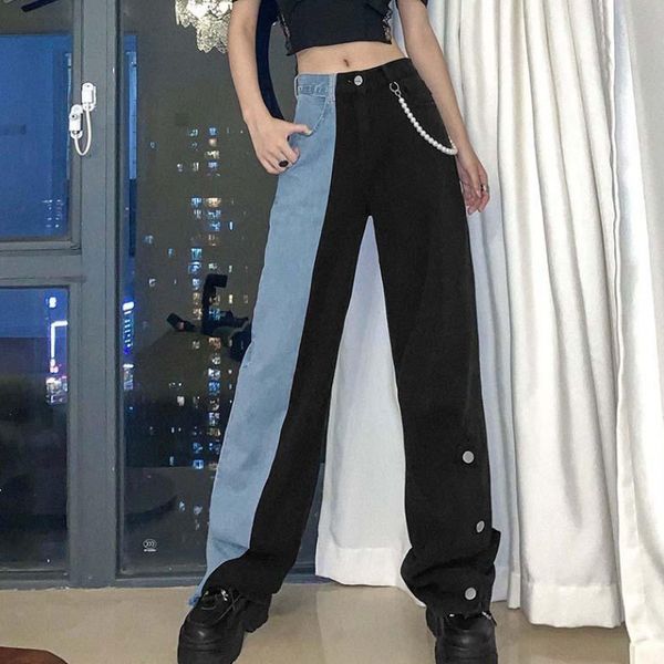 

contrast 2021 hip new streetwear women's basin high blue belt pants balck 754l, Black;white