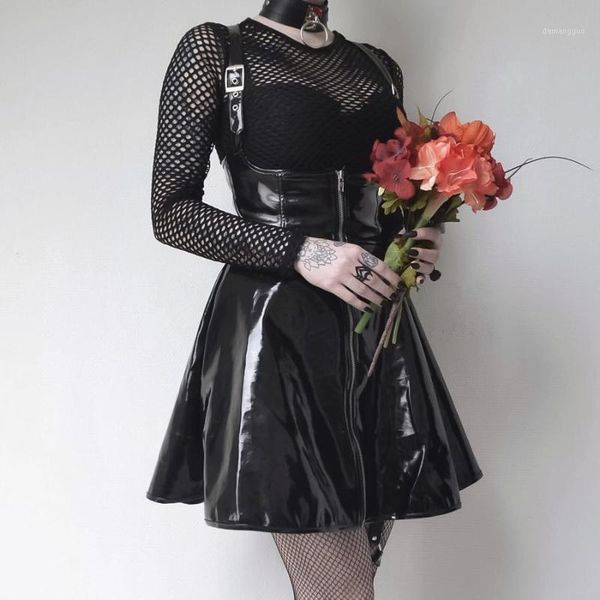 

liser women gothic club dress black punk zipper vintage dress female girls punk pu leather spaghetti1, Black;gray